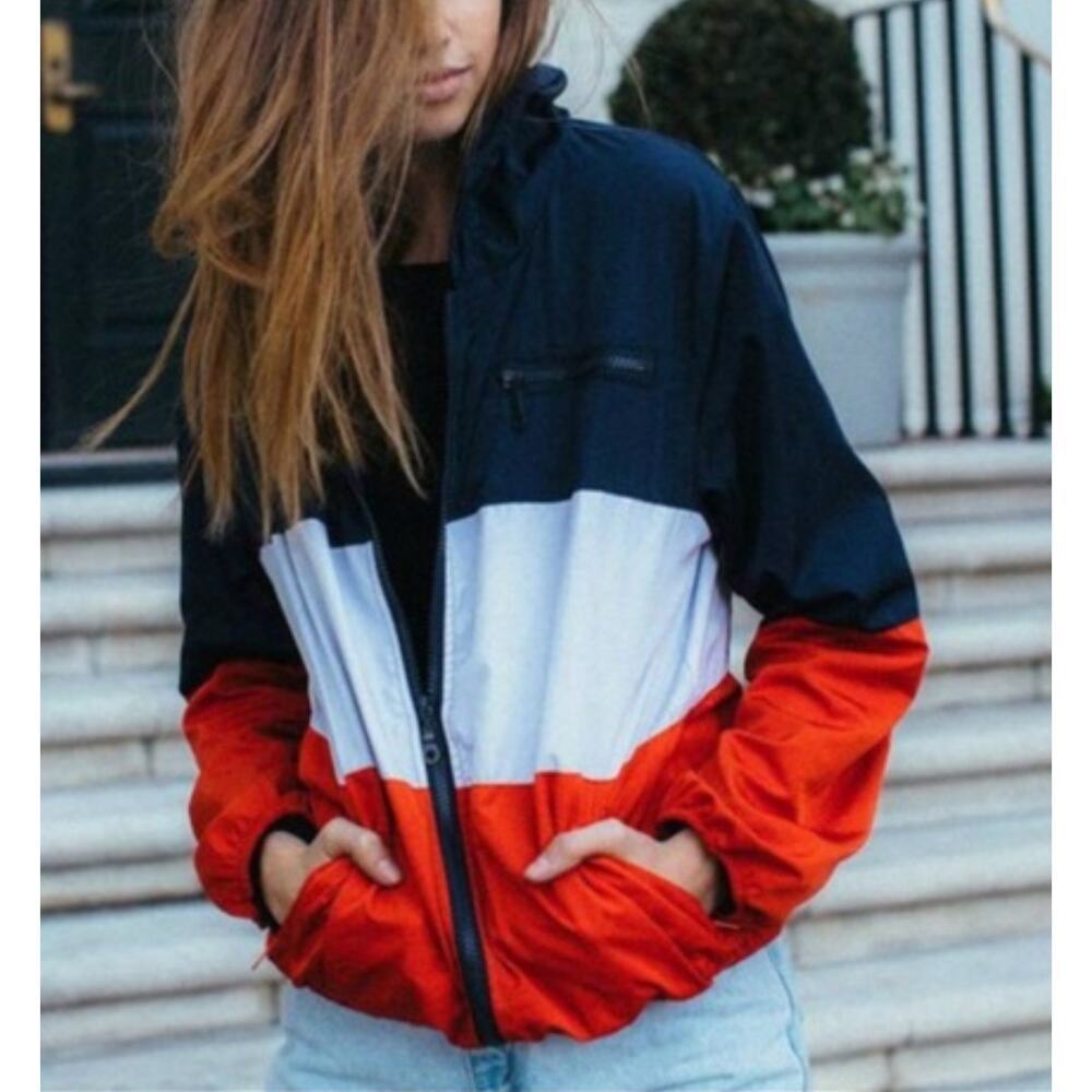 Brandy Melville Americana Hooded Windbreaker Jacket Colorblock Red Blue White